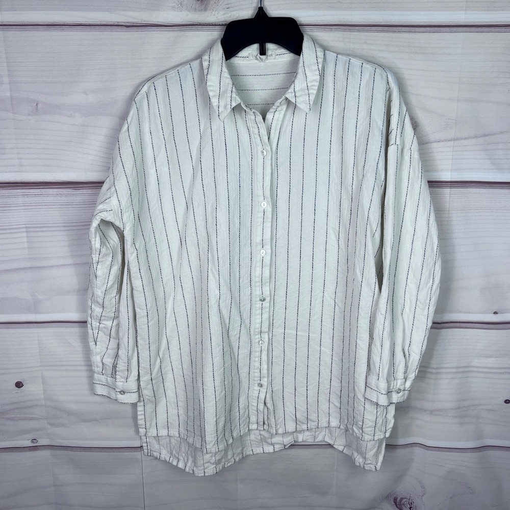 Eileen Fisher Top Womens XXS XS White Striped Shirt Button Up Relaxed Fit Collar